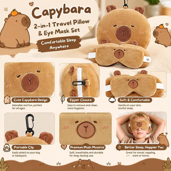 Capybara resekudde 2-i-1-set med sovmask och nyckelring