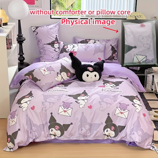 Sanrio Kuromi 4-osainen sängiseti - Pehmeä & Kestävä, Sisältää Peiton, Lakana ja 2 Tyynyliinaa - Söpö Piirretty Painatus Makuuhuoneeseen{db}(180X220) Kuormi