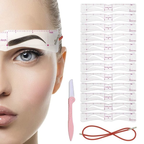 Eyebrow Stencil Shaper Kit, 12 delar återanvändbar ögonbrynsformarmall med 1 remmar och 1 ögonbrynshyveltrimmer, för att trimma och rita ögonbryn