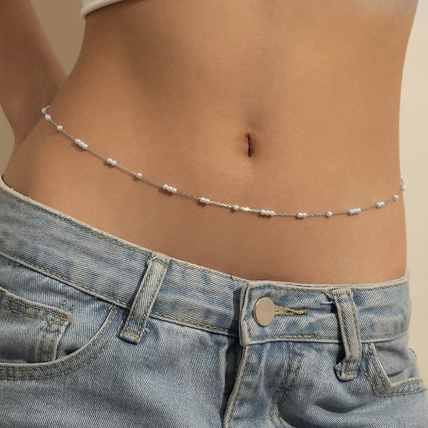 Boho Mavekæde Sølv Taljekæde Perler Taljekæde Pearl Body Chain smykker til kvinder og piger