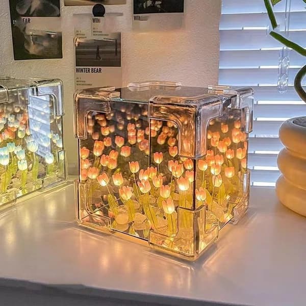 DIY Tulip Natlampe USB LED Bordlampe 20 Lyserøde Blomster Glas Spejl Design