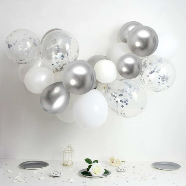 Vit og sølv ballong, 50 st 12 tum Silver Confetti Silver