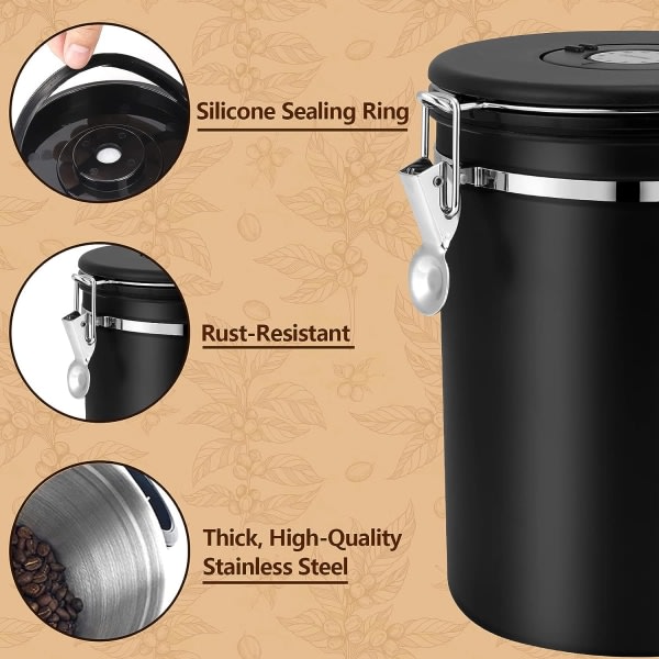 1500 ml kaffebehållare för malet kaffe, kaffebönbehållare, kaffeförvaring Lufttät burk med skopa, svart