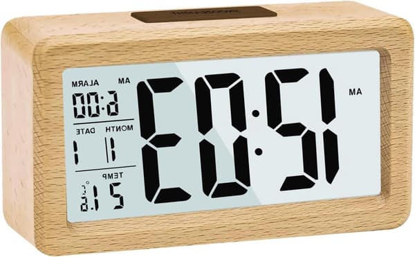 Vækkeur i træ med sensor, stort display, dato, temperatur, natlys, snooze