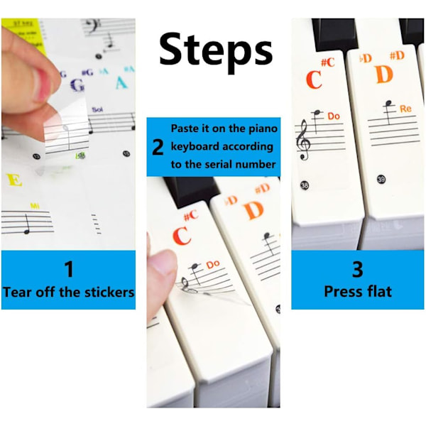Pianon tarrat, värikkäät piano- tai kosketinsoitintarrat 88/61/49/37 koskettimelle, läpinäkyvät ja irrotettavat