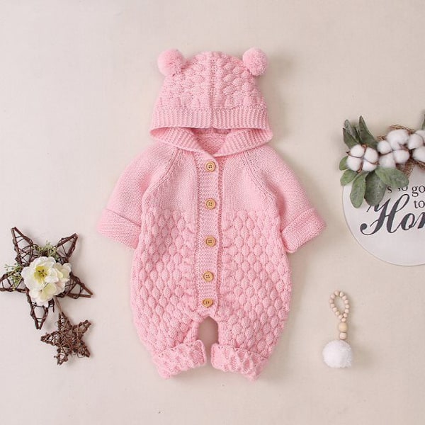 Nyfødt baby hørebeskyttelse strikket onesie overall varmere sne-dragt til drenge piger rosa 80cm 80 cm Pink 80 cm