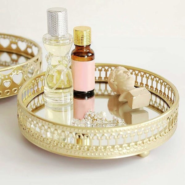 Spejlbakke Rund Spejlbakke dekoration, håndvask, badeværelse, soveværelse, guld dekoration serveringsbakke (lille guld), 17,5 cm