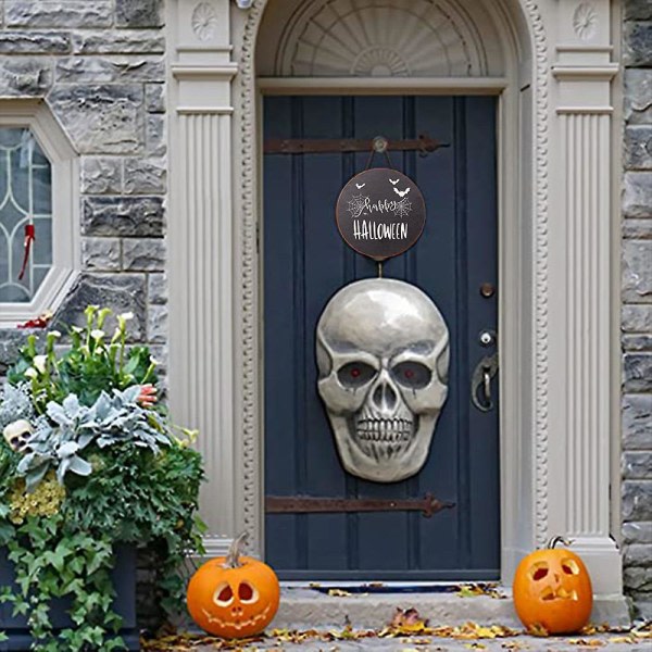 4 Halloween-velkomstskilt til inngangsdørdekor, rundt veggoppheng av trekrans til feriefest