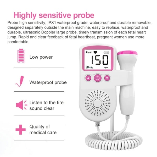 Hjemme Fetal Doppler, Baby Pocket Hjerterytme Doppler Hjertemonitor til Graviditet og Test Klar pink