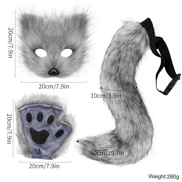 Konstgjord Pälsräv Svans Katt Varulv Cosplay Kostym Set Plysch Mask Fluffiga Tassar Handskar Halloween Jul Svart Black One Size