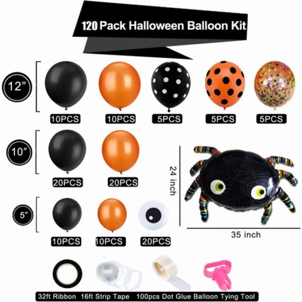 120 kpl Halloween Balloons Confetti Garland Kit Musta