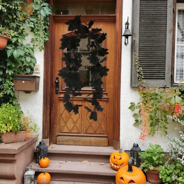 2 stk kunstig ahornbladkrans, 5,9 fod sort Halloween-krans til Thanksgiving, efterår, hjemsøgt hus, boligindretning (sort, 2)
