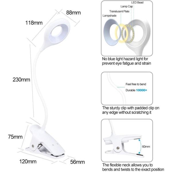 24 LED-leselys, 9 forskjellige innstillinger Eye Protect Book Clip Light, USB oppladbart leselys, Touch Control Clamp Bordlampe