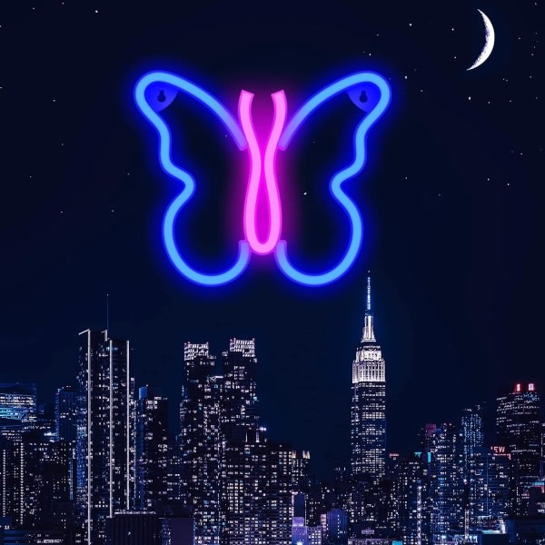 Butterfly Neonskyltar för väggdekor i sovrummet, USB eller batteri LED-väggdekor (blå/rosa) Blå/rosa 9,05" x 7,48"
