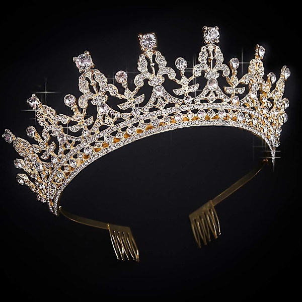 Gull tiara og krone for kvinner bursdag pannebånd for jenter Crystal Queen Crown hårtilbehør (mørk)