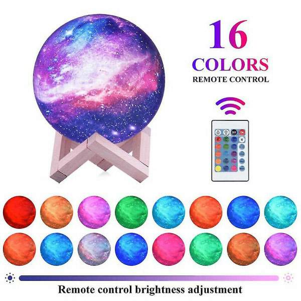 USB Star Night Light Kids 16 farger led 3d print månelampe 16 farger med fjernkontroll