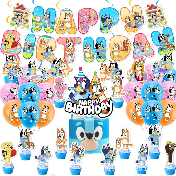 Bluey syntymäpäiväjuhlan lippukyltit, kakkukoristeet, ilmapallot, syntymäpäiväkoristeet