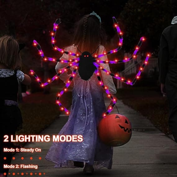 Lysende Halloween-edderkopperygsæk med plysben (64 LED'er) 90cm