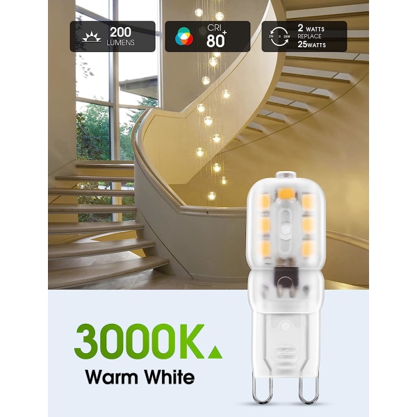 2W G9 lämmin valkoinen 3000K, LED-lamppu, 25W vastaava halogeeni