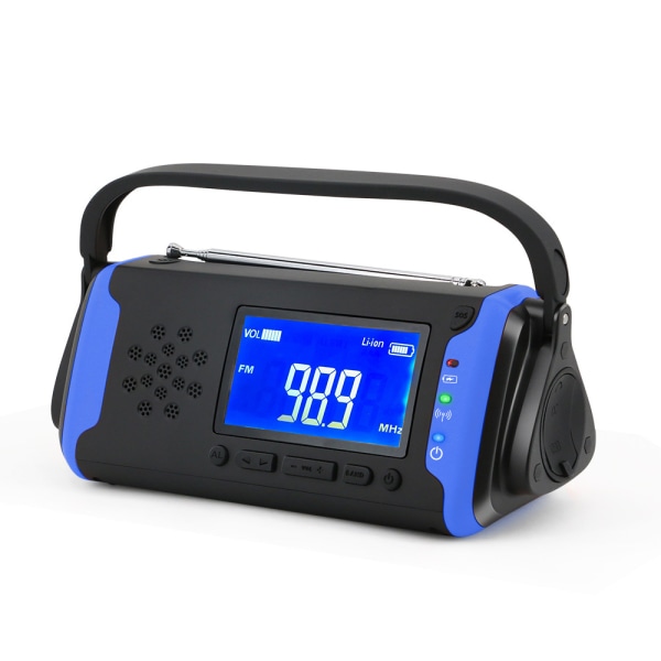 Aurinkoradion hätäkäsikammen AM/FM-radio kevyellä taskulampulla, SOS-hälytys, AUX-musiikkisoitin, sininen