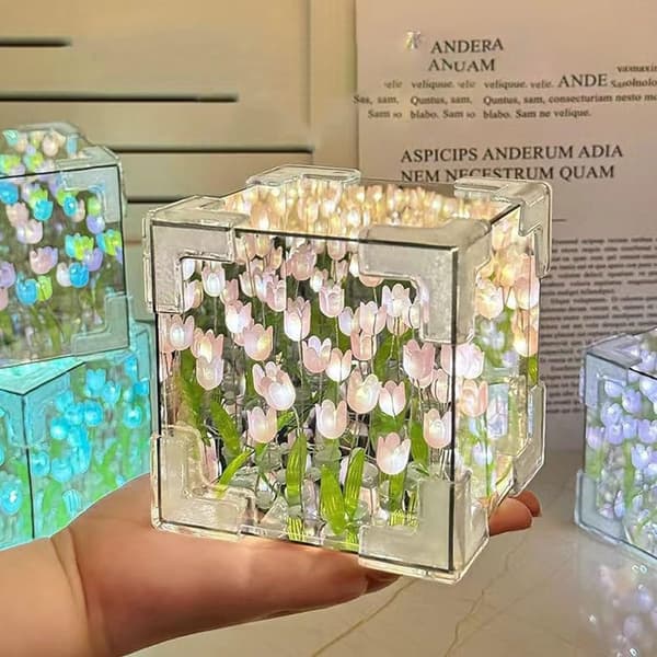 DIY Tulip Natlampe USB LED Bordlampe 20 Lyserøde Blomster Glas Spejl Design