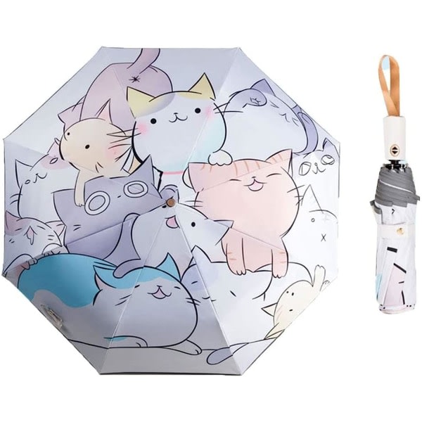 Foldeparaply til børn Automatisk katteparaply tegneserie Stærk vindtæt og UV-bestandig rejseparaply Kompakt paraply til piger og drenge