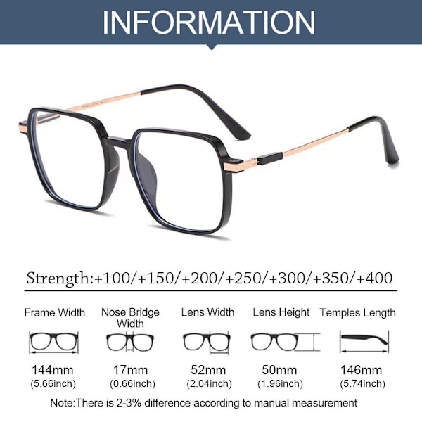 Anti-blått ljus läsglasögon fyrkantiga glasögon BLÅ STYRKA Blu Blu Blue Strength 350