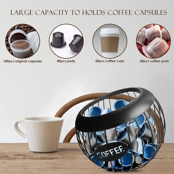 Kaffekapsel Förvaringskorg Metall Pod Skålhållare Stor kapacitet K-koppholder Pod Förvaringskopp for kaffebar, pod, sort