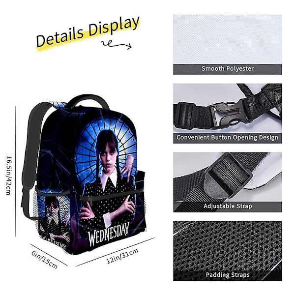 Wednesday Addams karakter fuldt print rygsæk dobbelt skulder skoletaske til studerende 1