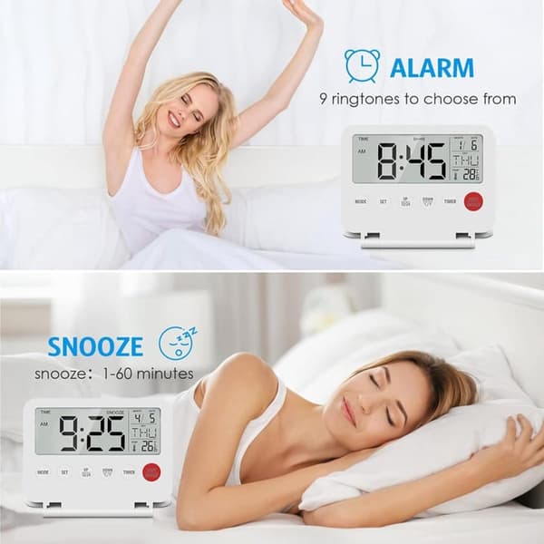 Mini sammenklappelig digitalt vækkeur LCD-baggrundsbelysning termometer snooze dato tid hvid