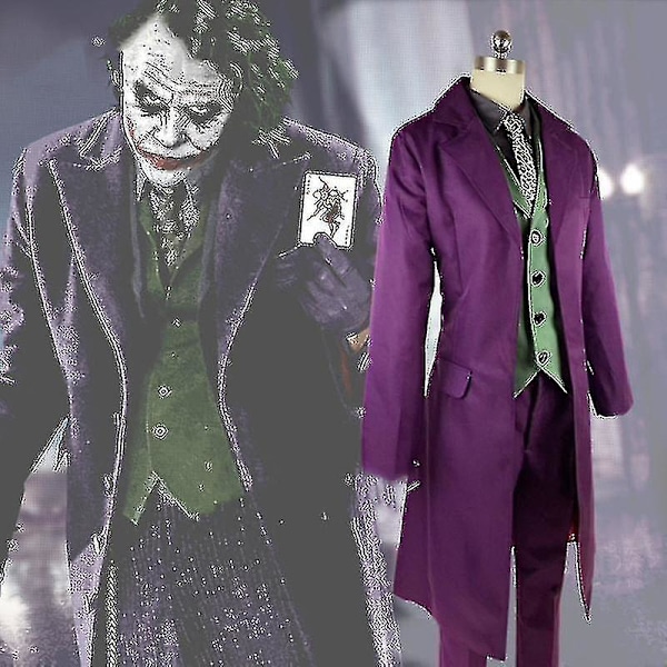 Högkvalitativ Heath Ledger Cosplay kostym Halloween Herrfilm The Dark Knight Joker Costume Lila jacka kompletta set only coat