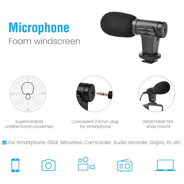 Vlogging Videopakke med Stativ Mikrofon LED-lys Telefonholder