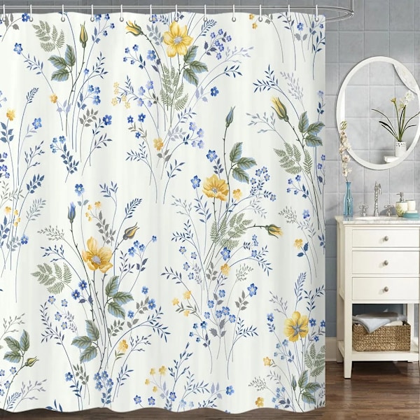 Blommedusjforheng Akvarell Liten Baderom i Frisk Stil Vanntett Polyester Gardinveggdekorasjon med Kroker C10125 90X180cm C10125