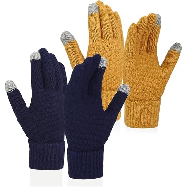 Touch screen varm uldforede handsker gul & marineblå 2-delt sæt