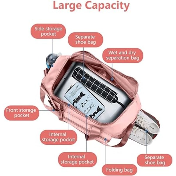 Stor kapasitet sammenleggbar duffelbag Vanntett lett reiseveske helgeryggsekk Tørr og våt separat sportsveske