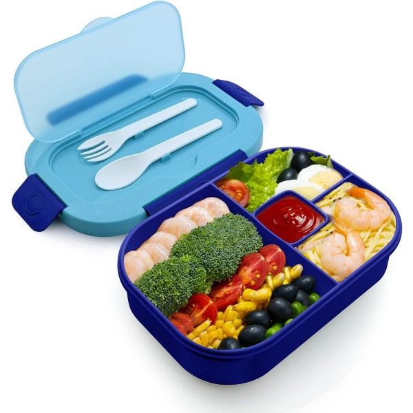Bento Lunchbox Lunchbox för vuxna barn, 4-fack för män och naispuolinen Lunchbox med bestick, sininen