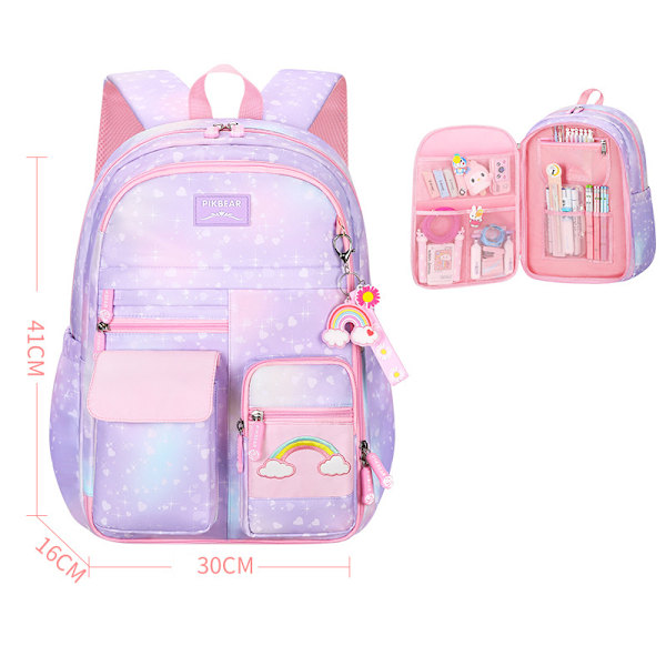 Barnskolväska flicka grundskoleelev ryggsäck stöldskydd söt gradient regnbåge serie skolväska ryggsäck väska Mochila