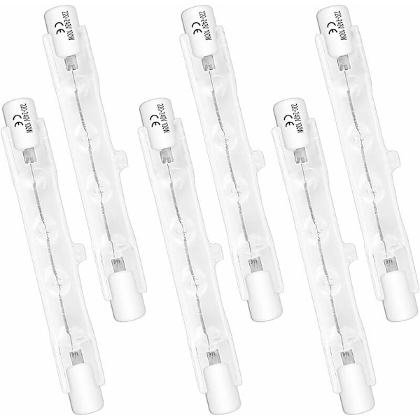 Pakkaus, jossa 6 kpl R7S 78mm 100W 230V halogeenilamppuja, himmennettäviä halogeeniputkia, 2700K lämmin valkoinen valo, 1500LM valovirta, lineaariset halogeenispotit, Ide