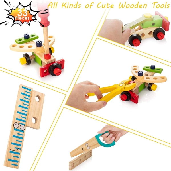Barneverktøysett, verktøykasse i tre med treverktøy