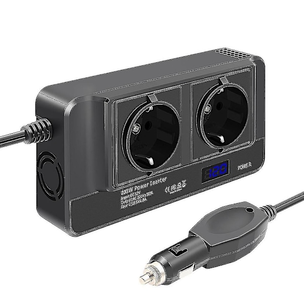 200W Bilomformer, Spenningsomformer 12V til 220V med Smart Tidsskjerm LCD, 2 Uttak og 4 USB-C-porter