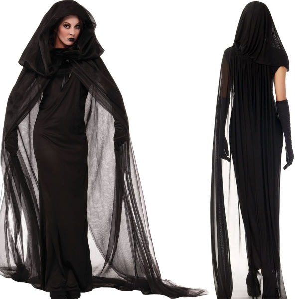 Halloween kostym vuxen häxklänning svart gasväv