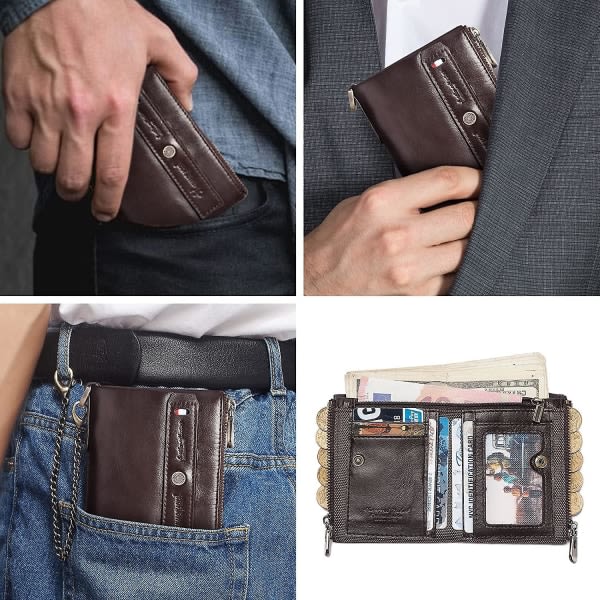 Bifold Chain Plånbok för män med ID-fönster och kreditkortsfickor, äkta läder kaffeplånbok för män