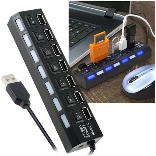 INSTEN® Hub Power Strip 7 porte USB 2.0 High Speed sort med tænd/sluk-knapper Til dataoverførselssynkronisering Computer...