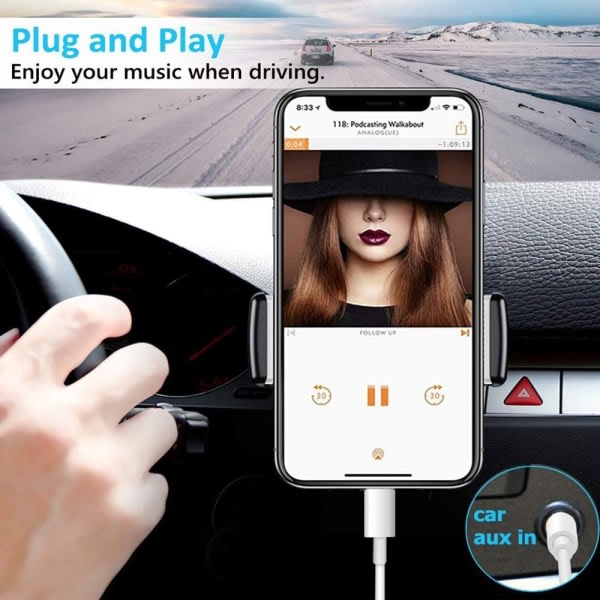iPhone Aux-ledning, lyssetting til 3,5 mm billydkabel, hodetelefonkontaktadapter for bil/hjemmestereo/hodetelefoner/høyttaler - hvit