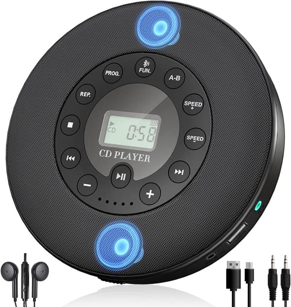 Bærbar Bluetooth CD-spiller Oppladbar MP3 USB Støtsikker Svart Black