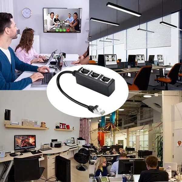 RJ45 LAN Splitter 1 til 3 Ethernet Adapter til Cat5 Cat6 Cat7 Forgyldt Sort