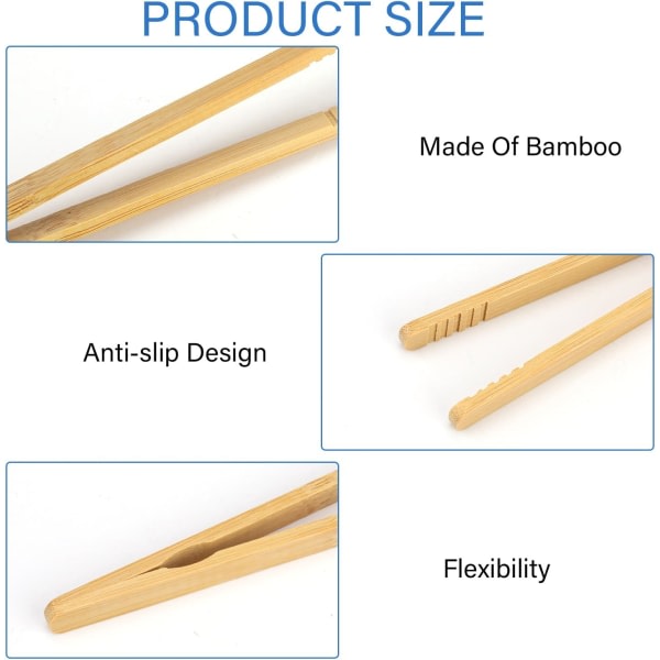 2. Återanvändbar bambu rostat tång, 7 tum värmebeständig kökstång för matlagning Servering av mat Trätång Idealisk kökstång.