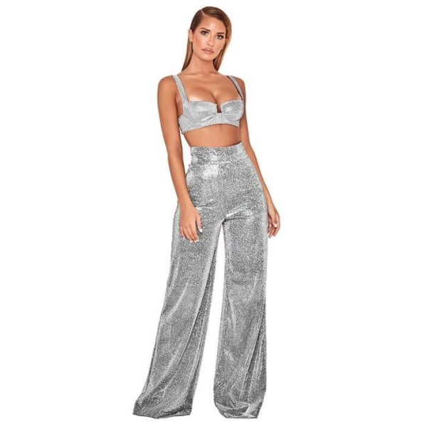 Sparkly Glitter, høy midje, brede benbukser for kvinner, sølv L