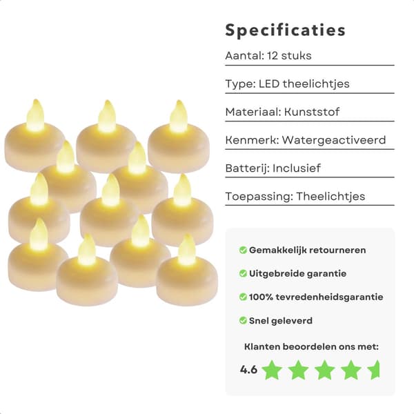 LED Flytende Lys Sett med 12 Vanntette Batteridrevne Elektriske Telys