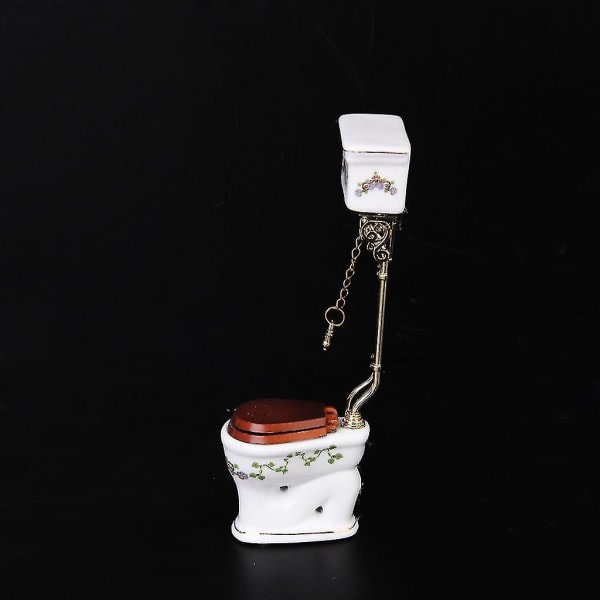 Vintage victoriansk stil Badeværelse Porcelæn Toilet Dukkehus Miniature Hvid + Guld